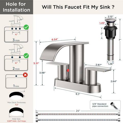 FORIOUS brushed nickel center-set faucet designed for easy 4-inch installation.
