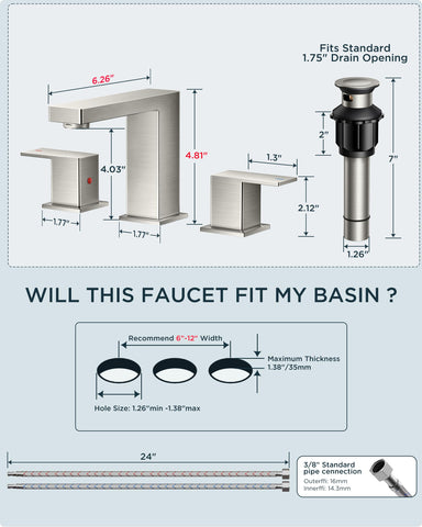FORIOUS brushed nickel faucet 3-click installation guide illustrates quick DIY setup