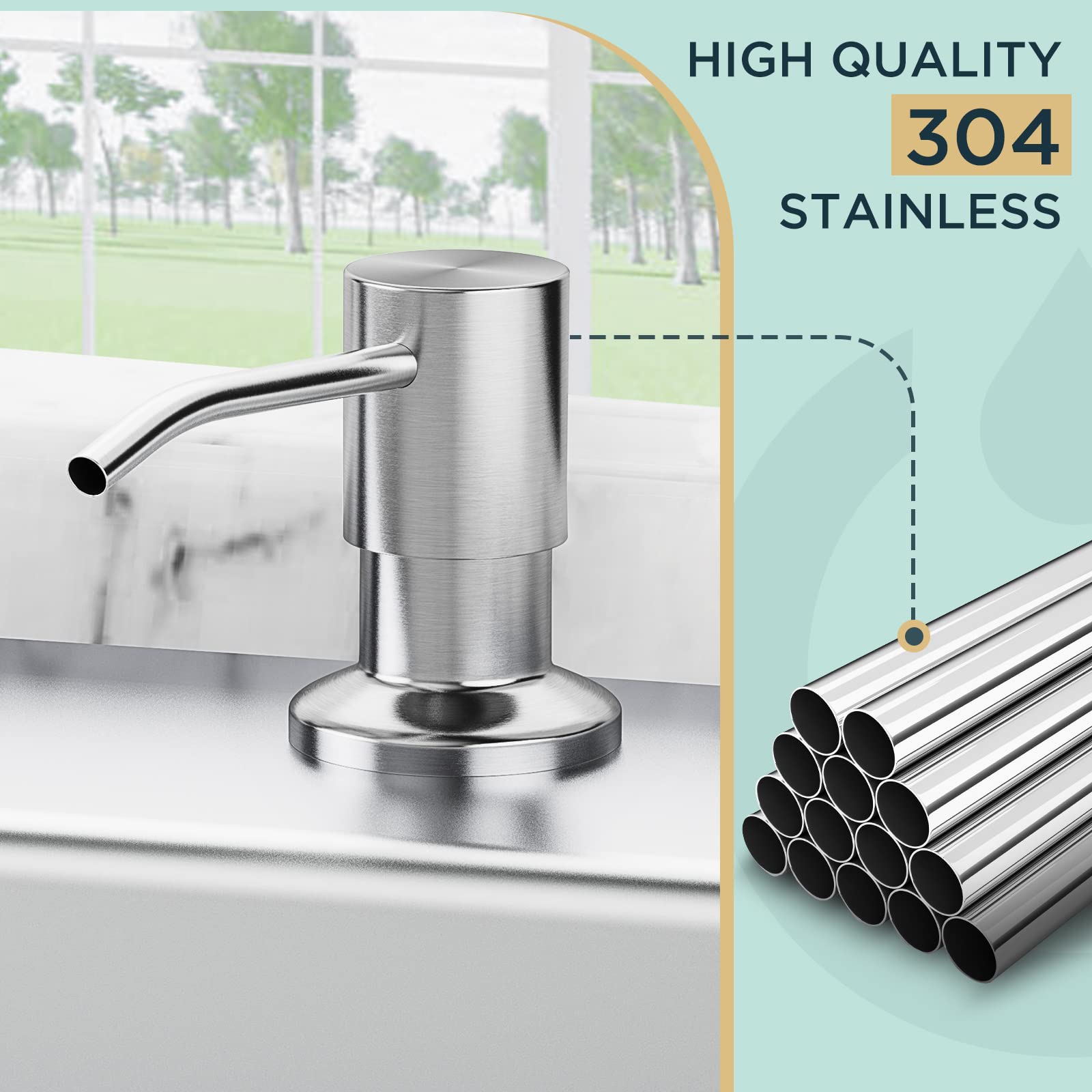 FORIOUS brushed nickel soap dispenser front view highlighting sleek kitchen-sink style.