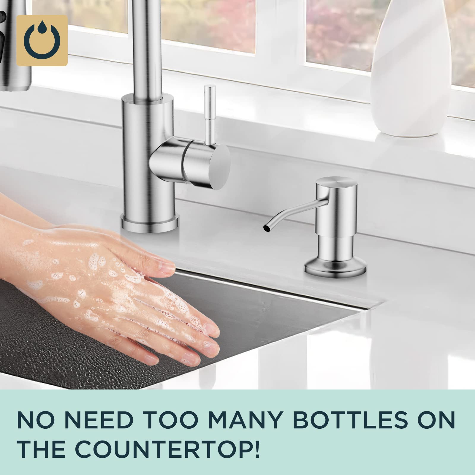 FORIOUS brushed nickel soap dispenser side view showing compact counter footprint.