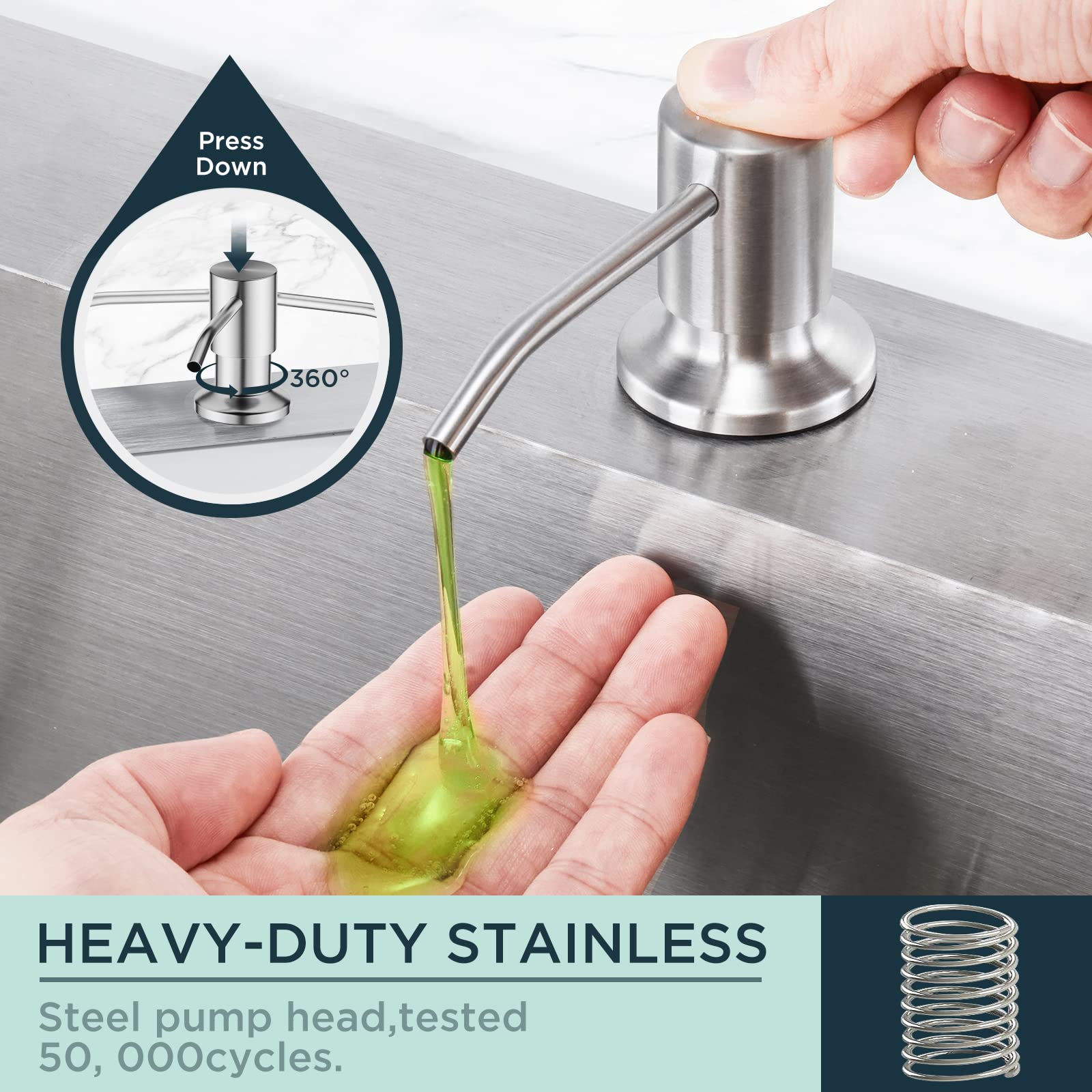 FORIOUS brushed nickel soap dispenser with top-fill design for quick refills.
