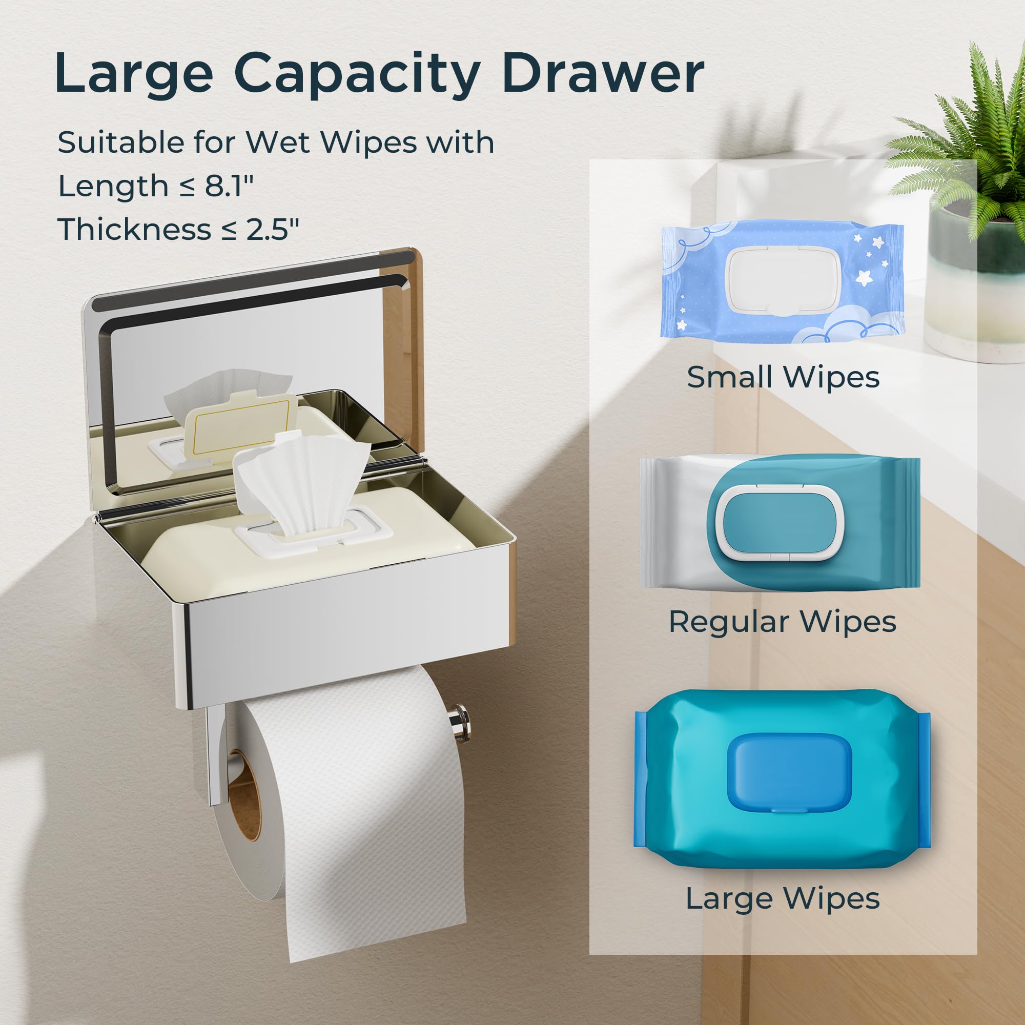 FORIOUS shelf space accommodates phones, tissues, or spare rolls conveniently.