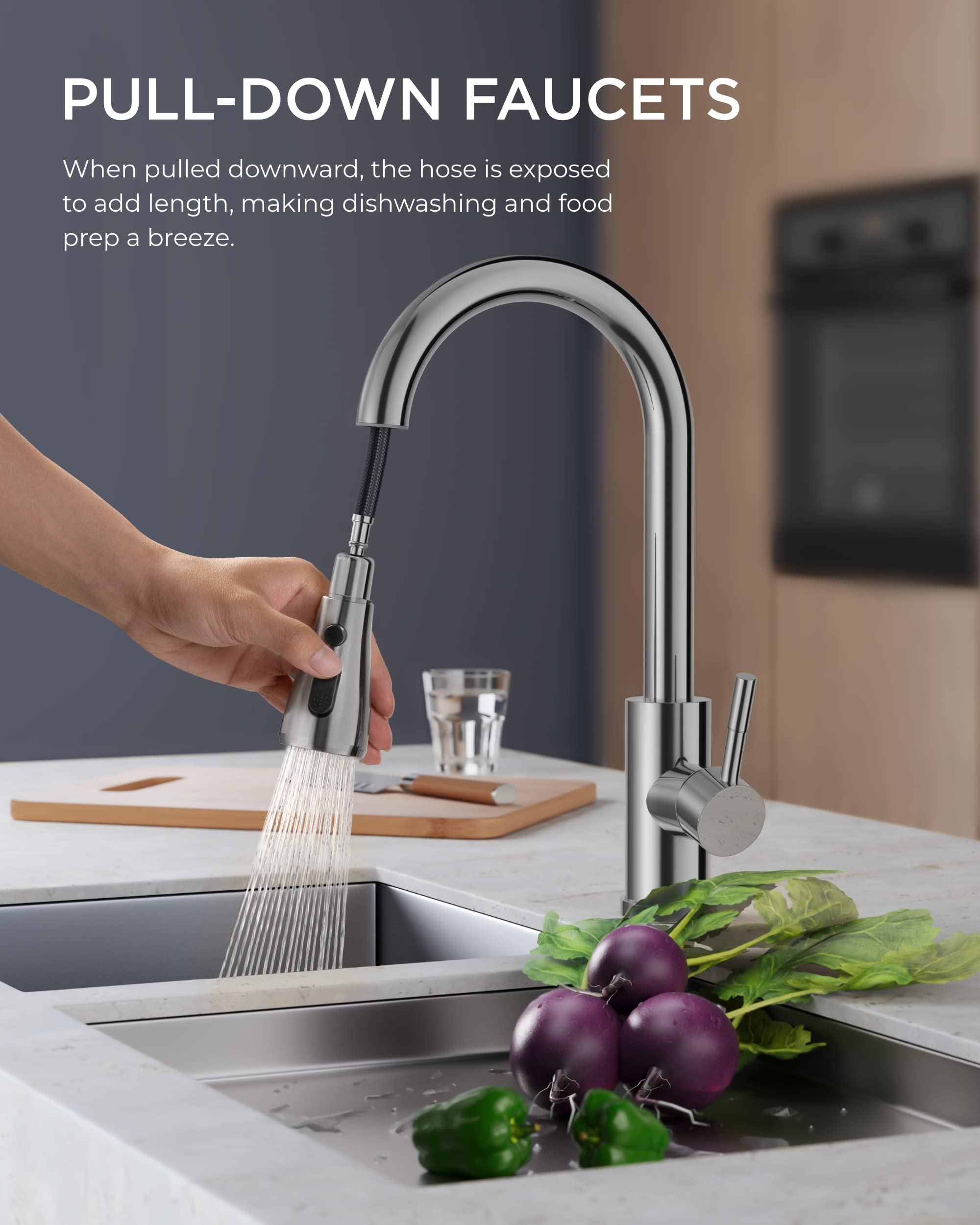 FORIOUS chrome high-arc kitchen faucet offers ample space for pots and pans.