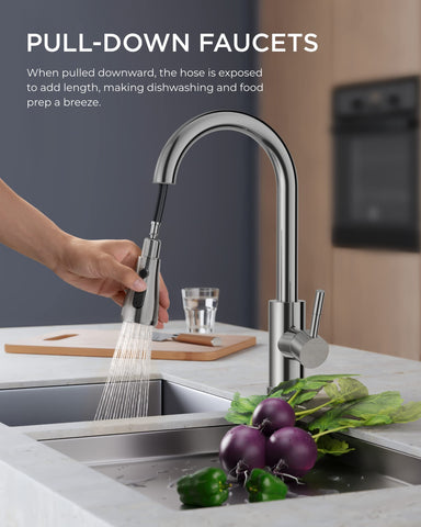 FORIOUS chrome high-arc kitchen faucet offers ample space for pots and pans.