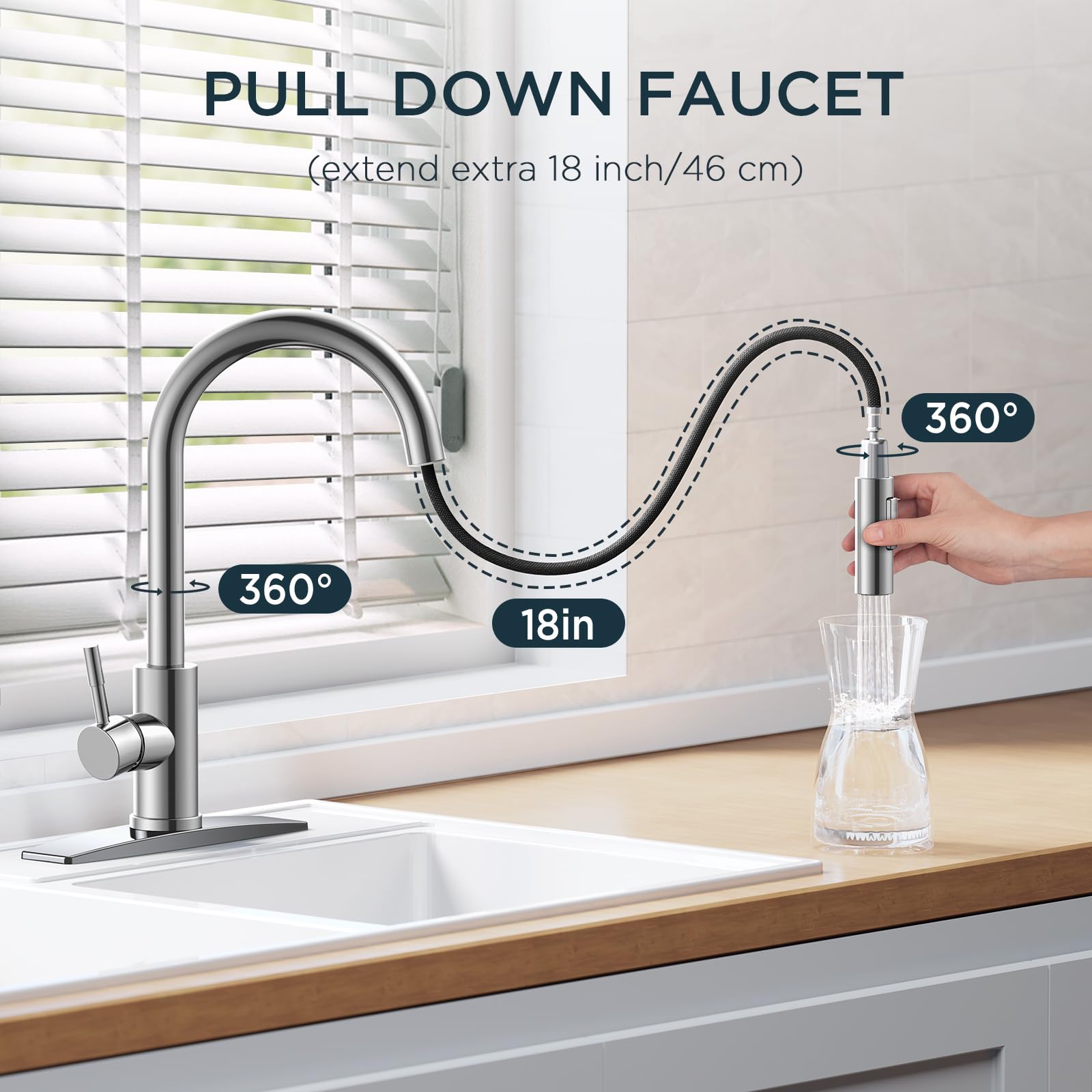 Forious pull-down sprayer in action offers spray and stream modes for versatile cleaning.