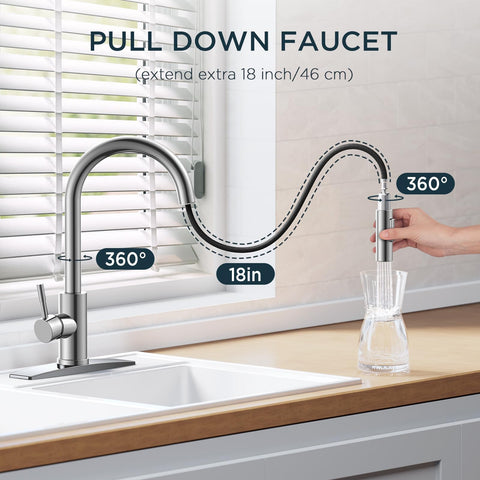 Forious pull-down sprayer in action offers spray and stream modes for versatile cleaning.