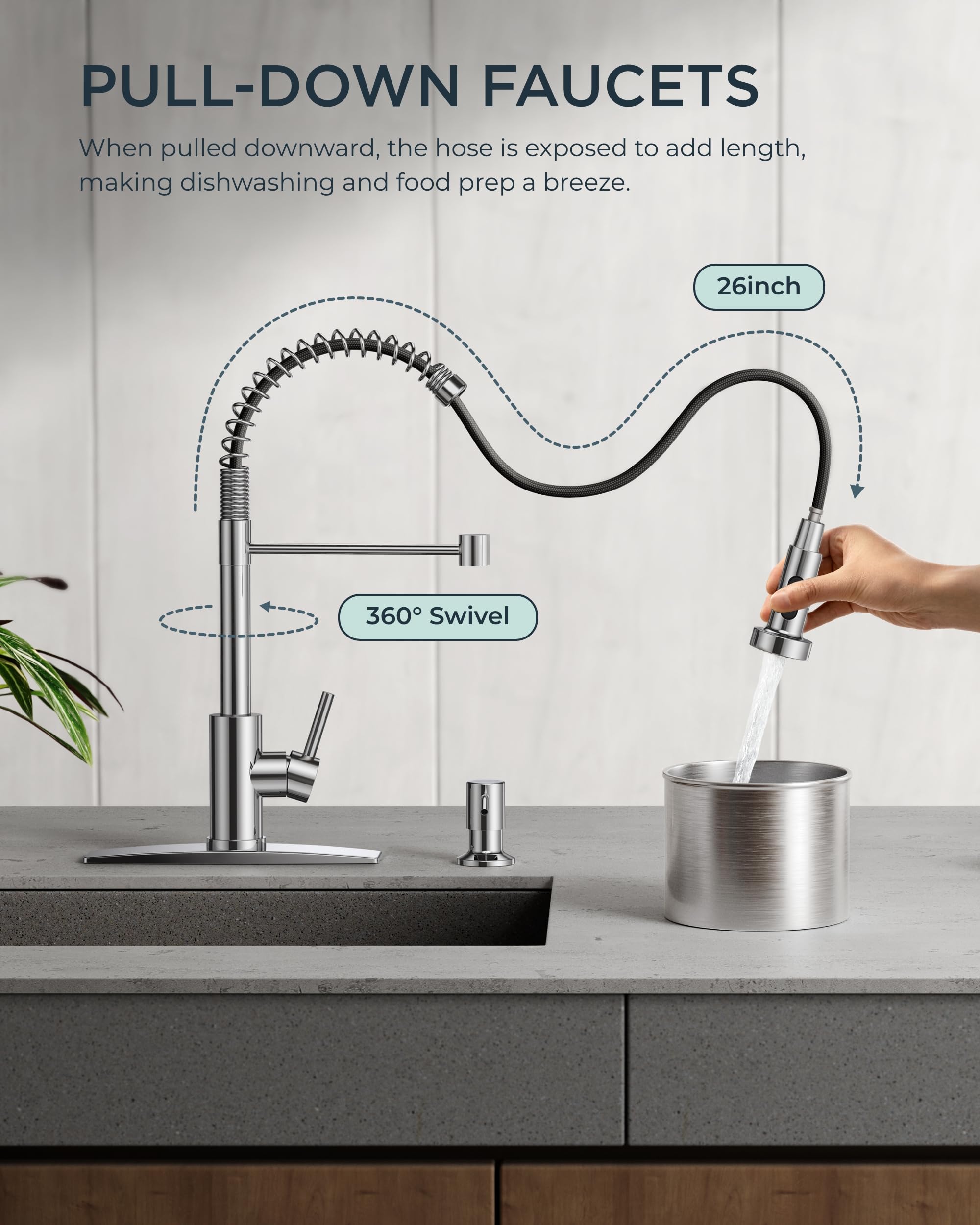FORIOUS pull-down sprayer demonstrates flexible reach for sink tasks