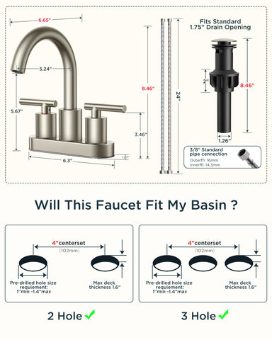 FORIOUS 2-hole faucet with pop-up drain and installation guides.