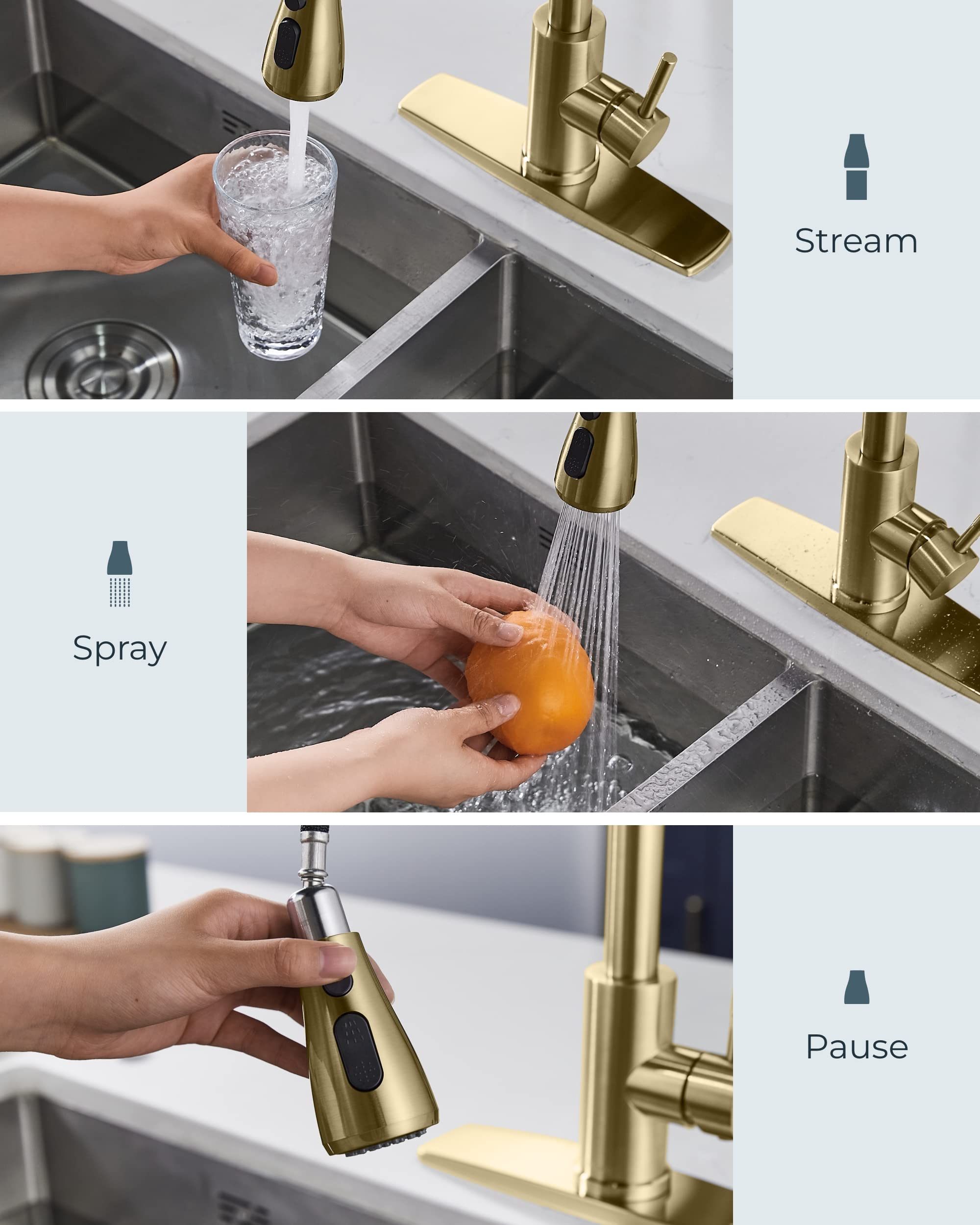 FORIOUS gold faucet with 18-inch retractable hose simplifies rinsing at the sink.