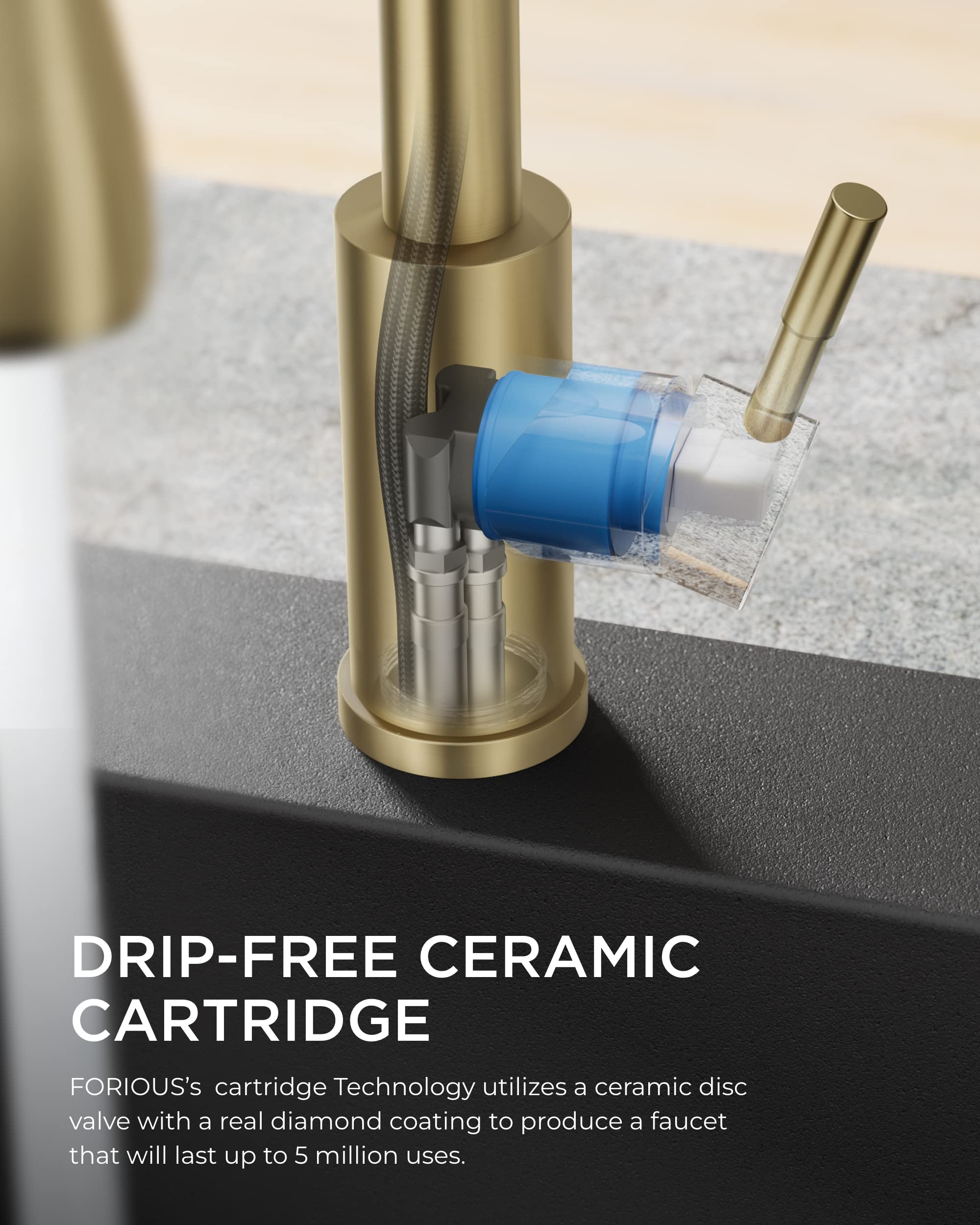 FORIOUS gold faucet's 360-degree spray head offers flexible cleaning from any angle.