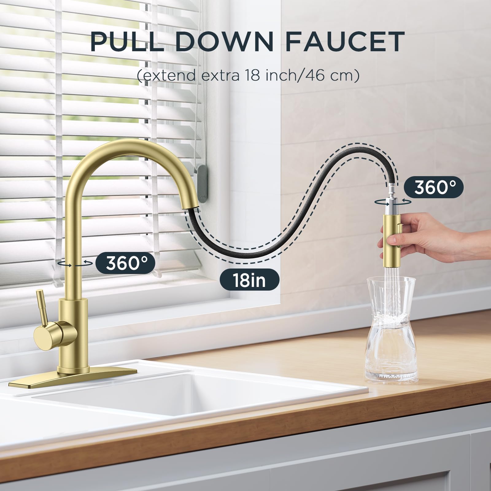 FORIOUS Gold faucet deck-mount for 1- or 3-hole sinks
