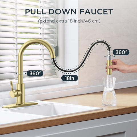 FORIOUS Gold faucet deck-mount for 1- or 3-hole sinks