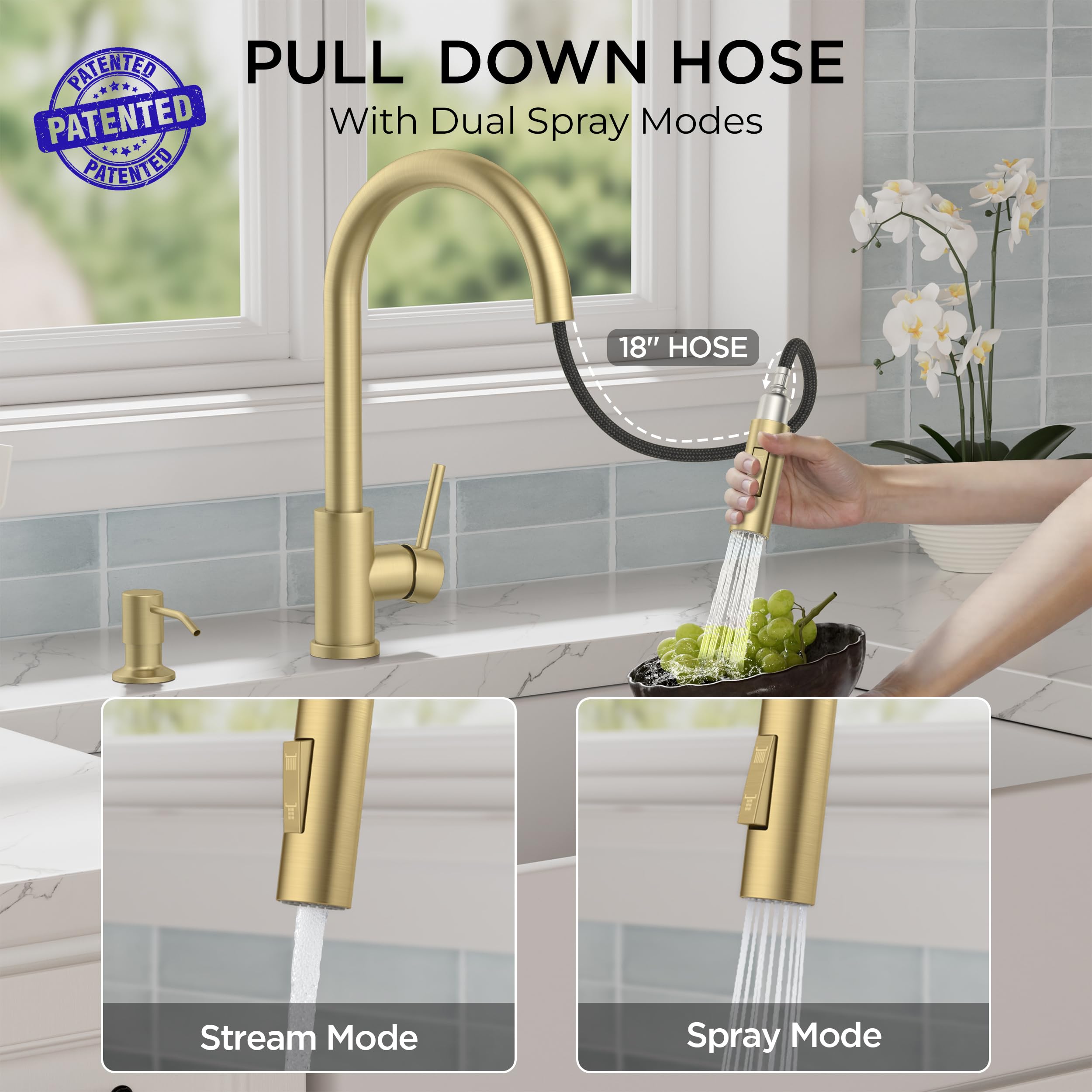 FORIOUS Gold faucet showing deck plate compatibility for flexible installation