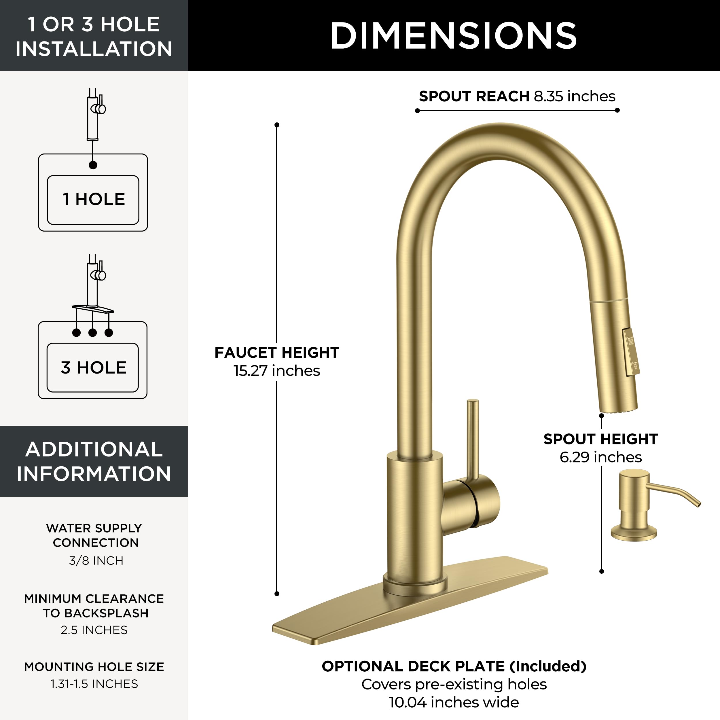 FORIOUS Gold kitchen faucet deck plate enables seamless 1- or 3-hole installation