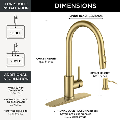FORIOUS Gold kitchen faucet deck plate enables seamless 1- or 3-hole installation