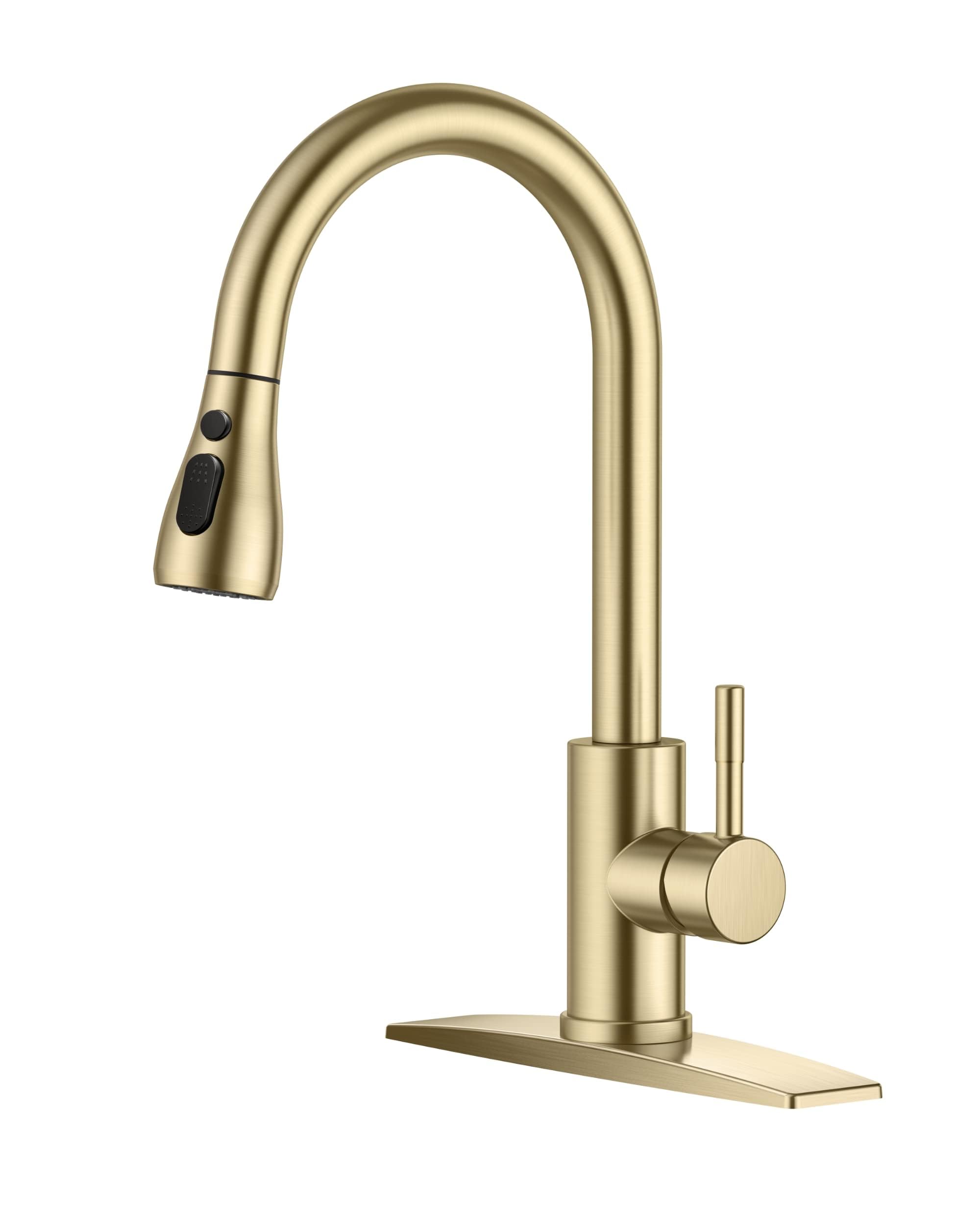 FORIOUS Gold kitchen faucet with pull-down sprayer for a modern, efficient sink setup.