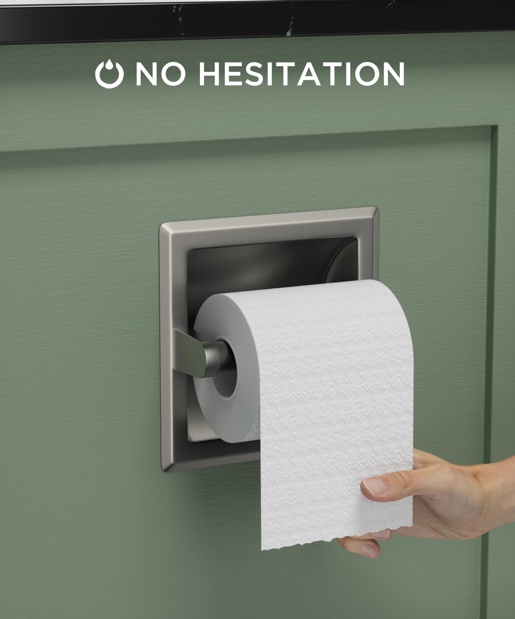 Close-up of stainless steel in-wall toilet paper holder showing durable construction.