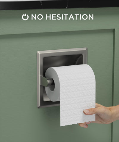 Close-up of stainless steel in-wall toilet paper holder showing durable construction.