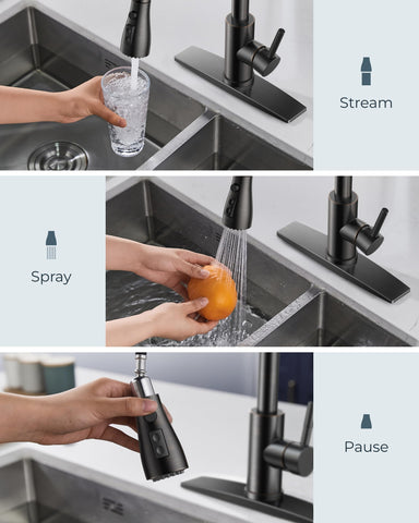 FORIOUS faucet with three spray modes supports stream, spray, and pause tasks.