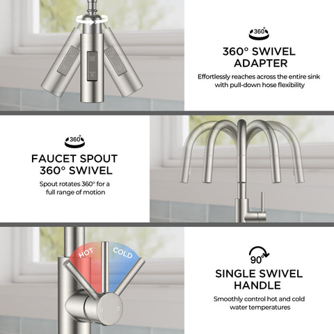 360-degree rotating spout reaching every corner of the sink.