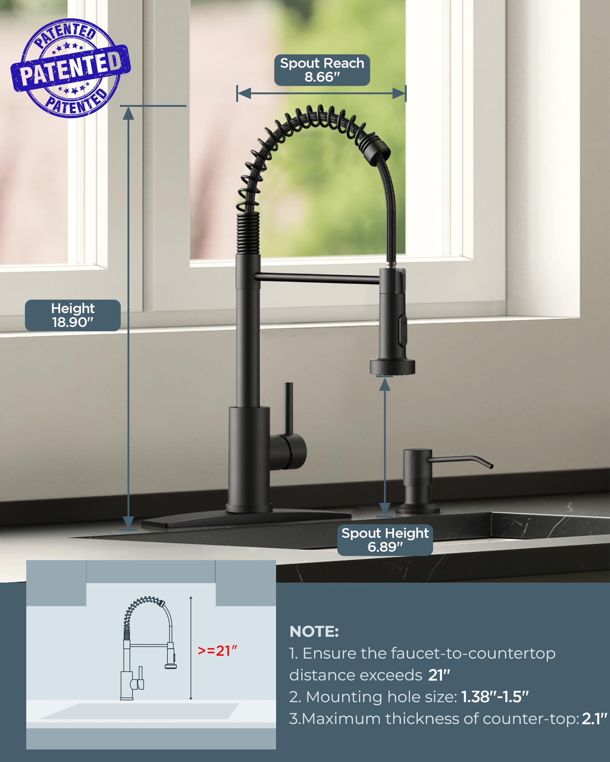FORIOUS kitchen faucet arc spout design provides ample clearance for large pots.