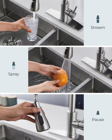 FORIOUS brushed nickel finish with 18-inch retractable hose for versatile sink coverage.