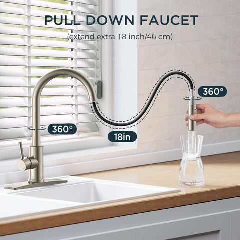 FORIOUS brushed-nickel-finish faucet adds style and durability to the kitchen
