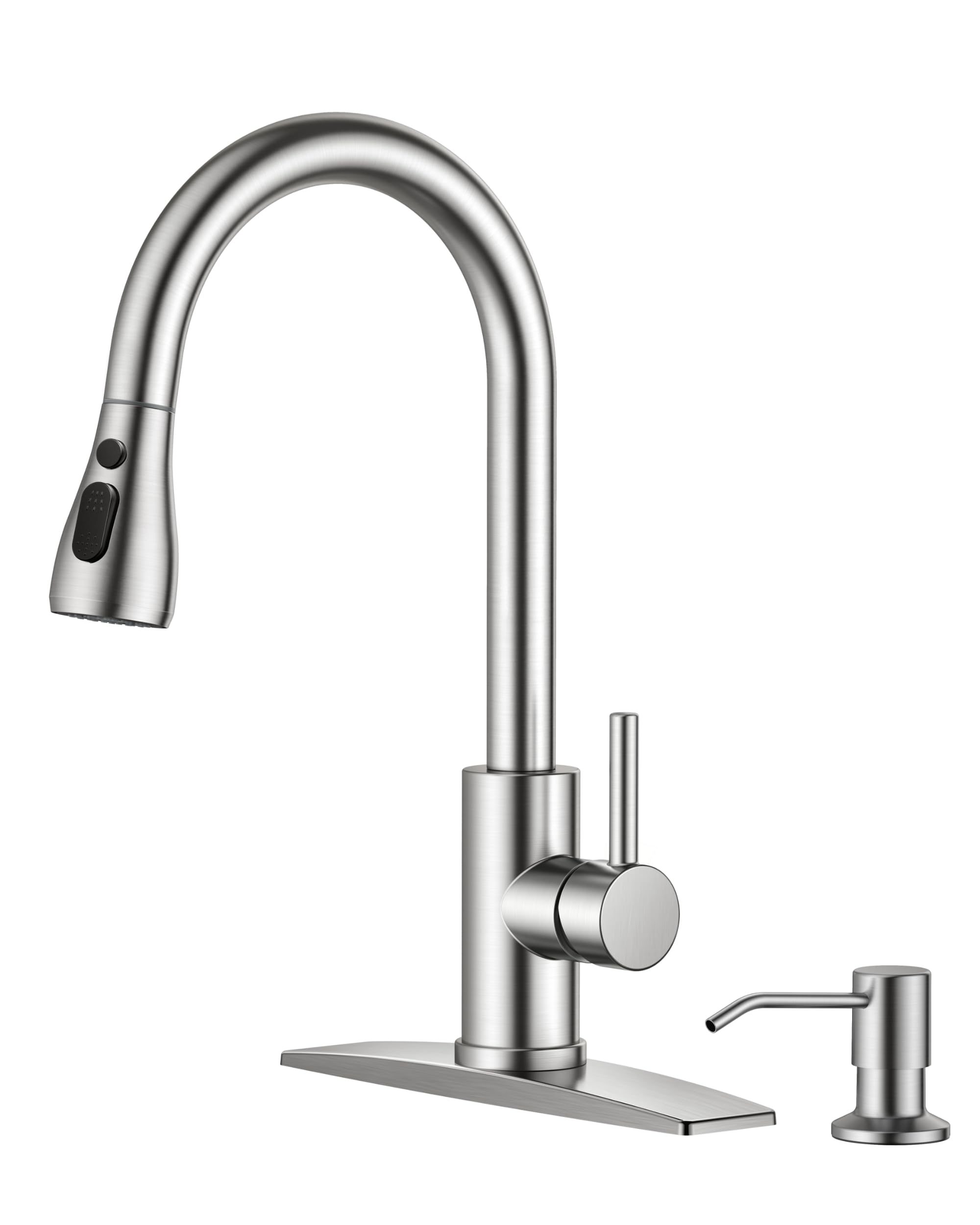 FORIOUS kitchen faucet front view in brushed nickel with soap dispenser for convenient handwashing.