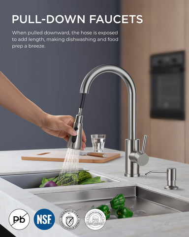 FORIOUS pull-down spray head close-up in brushed nickel shows flexible reach for easy washing.