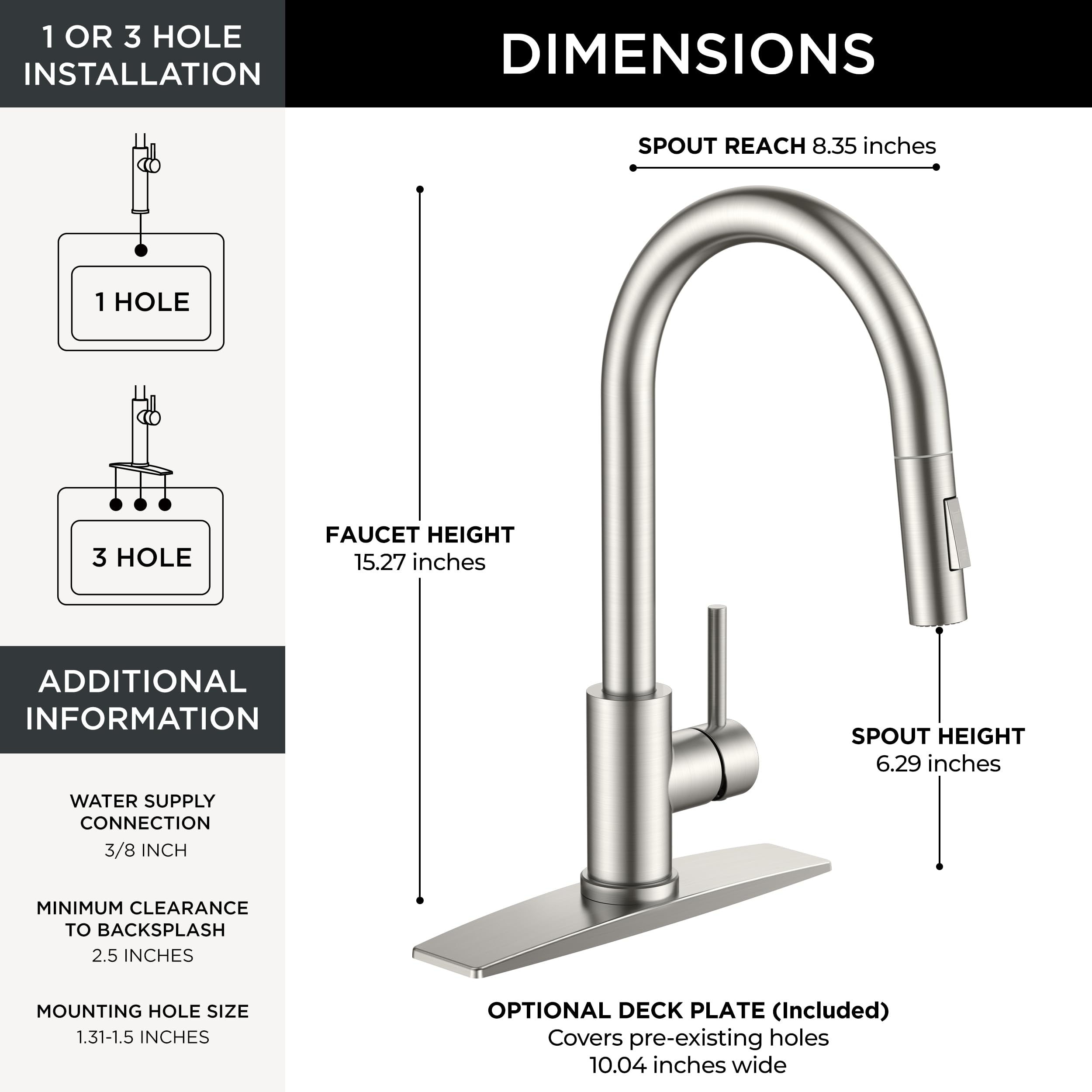 Deck plate option shown for flexible 1- or 3-hole installation.