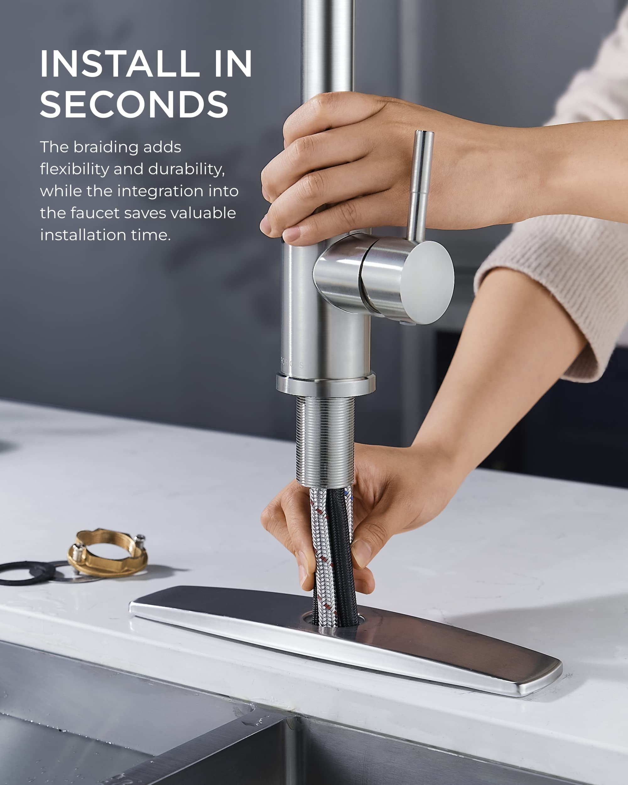 FORIOUS brushed nickel finish resists fingerprints for a clean, contemporary look.