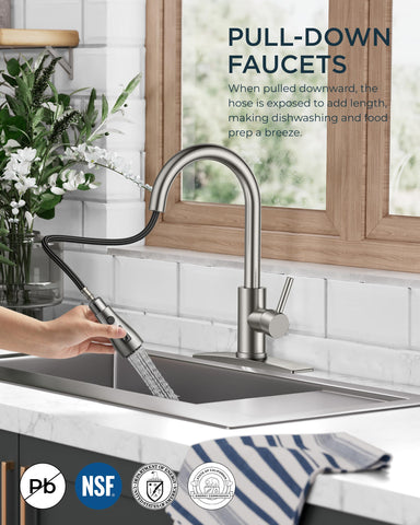 FORIOUS high-arc spout with 360-degree swivel demonstrates full-sink reach for larger pots.