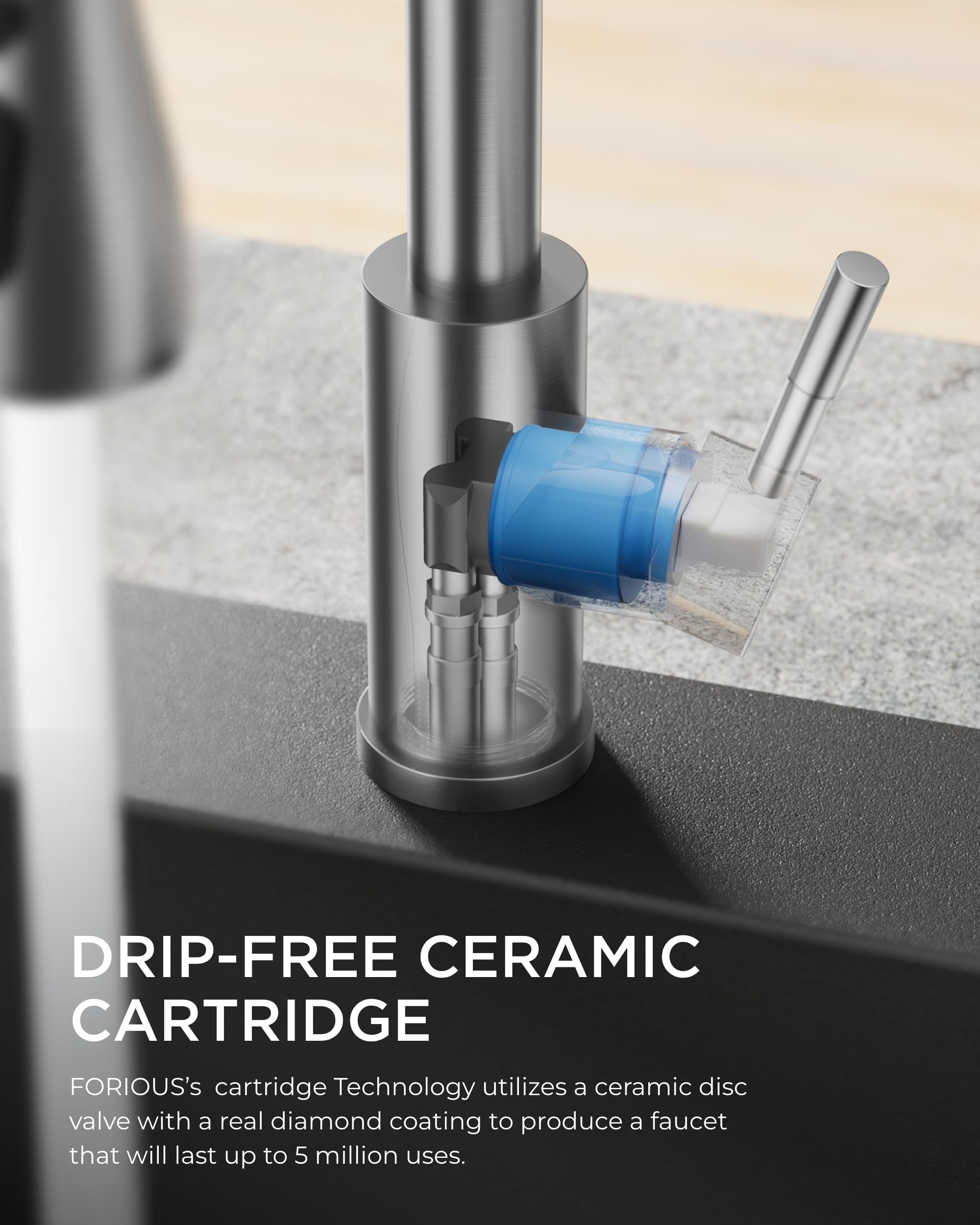 FORIOUS installed at kitchen sink with smooth water flow.