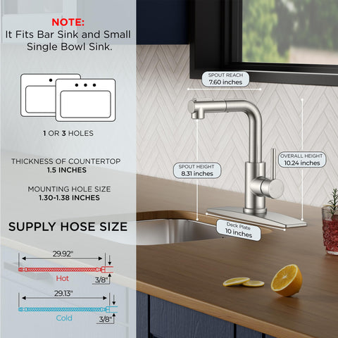 FORIOUS kitchen faucet in L-shaped brushed nickel for compact, stylish sink area.