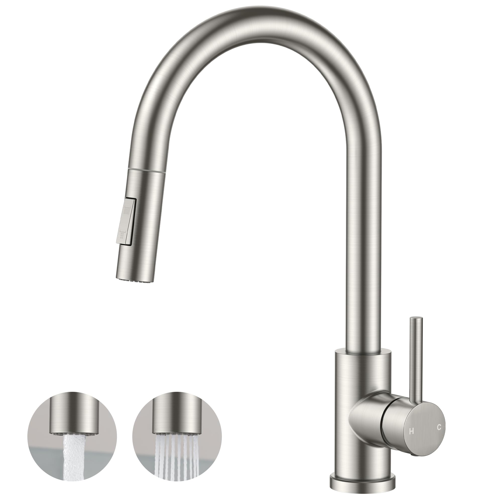 FORIOUS kitchen faucet with pull-down sprayer in brushed nickel for easy reach.