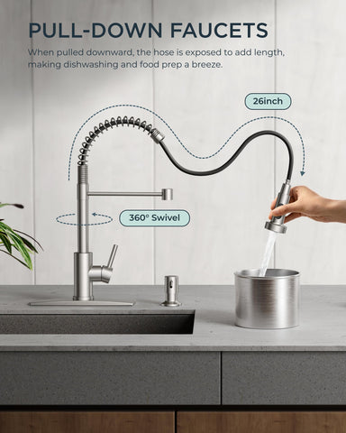 FORIOUS pull-down sprayer with flexible reach for pots and sink corners