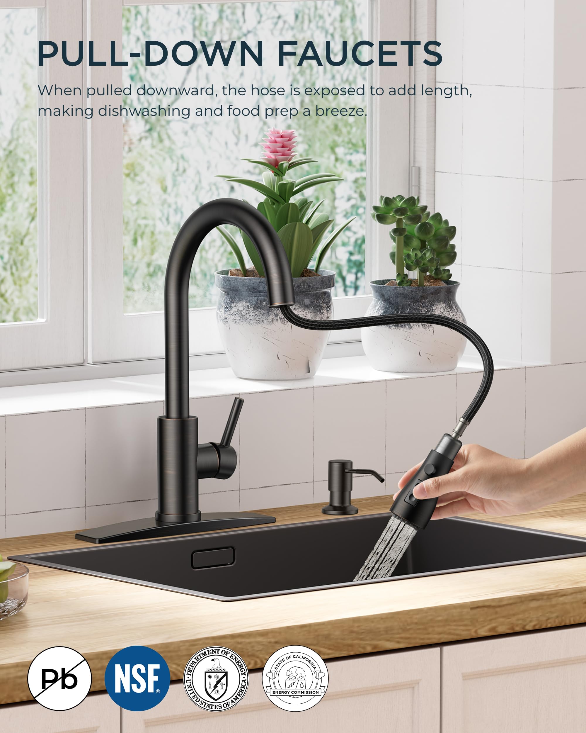 FORIOUS soap dispenser integrated in faucet for convenient hand washing and dish cleaning.