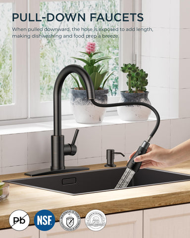 FORIOUS soap dispenser integrated in faucet for convenient hand washing and dish cleaning.