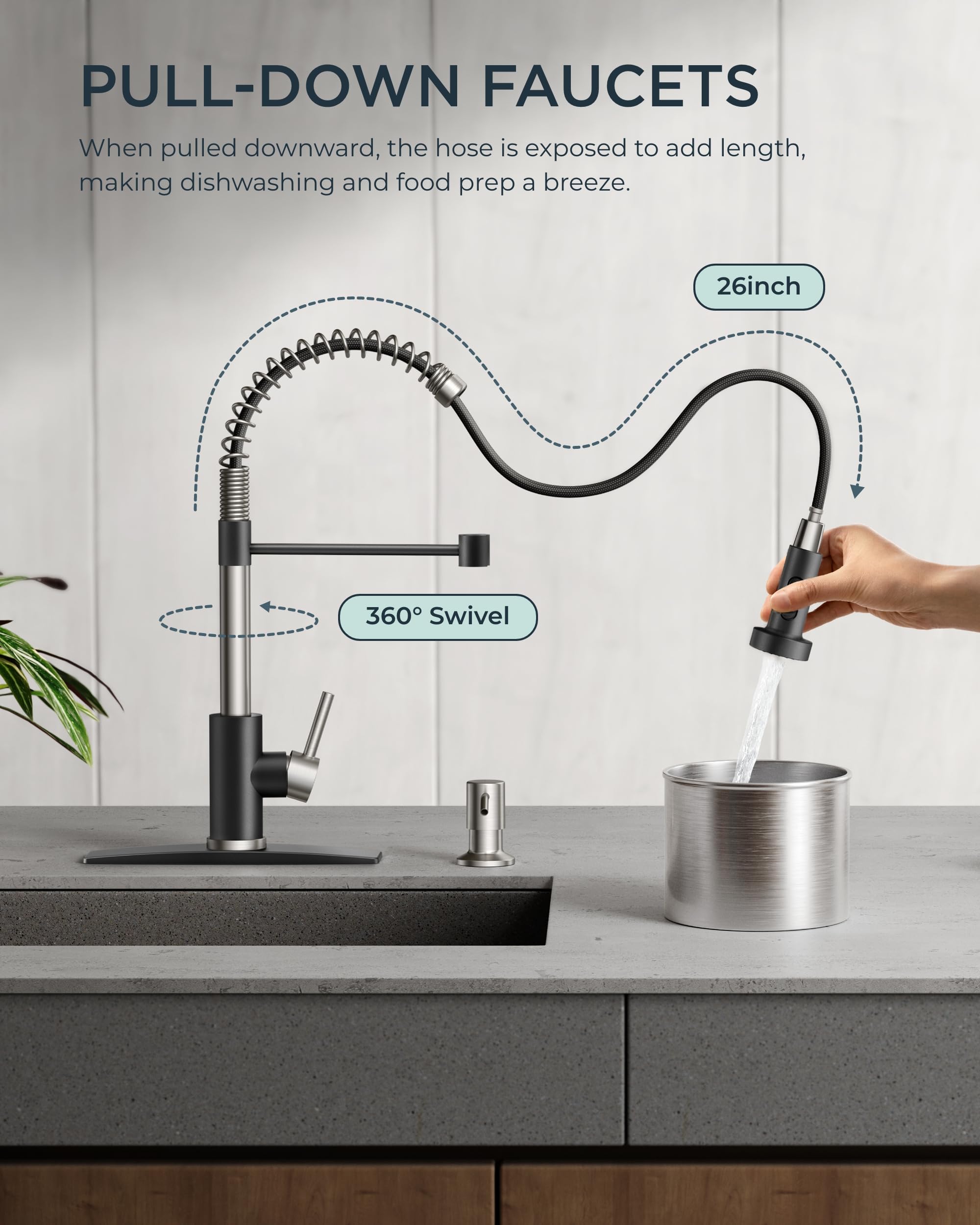 FORIOUS faucet spout height visual showing 18.9-inch reach for deep sinks