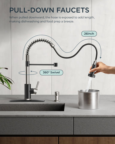 FORIOUS faucet spout height visual showing 18.9-inch reach for deep sinks