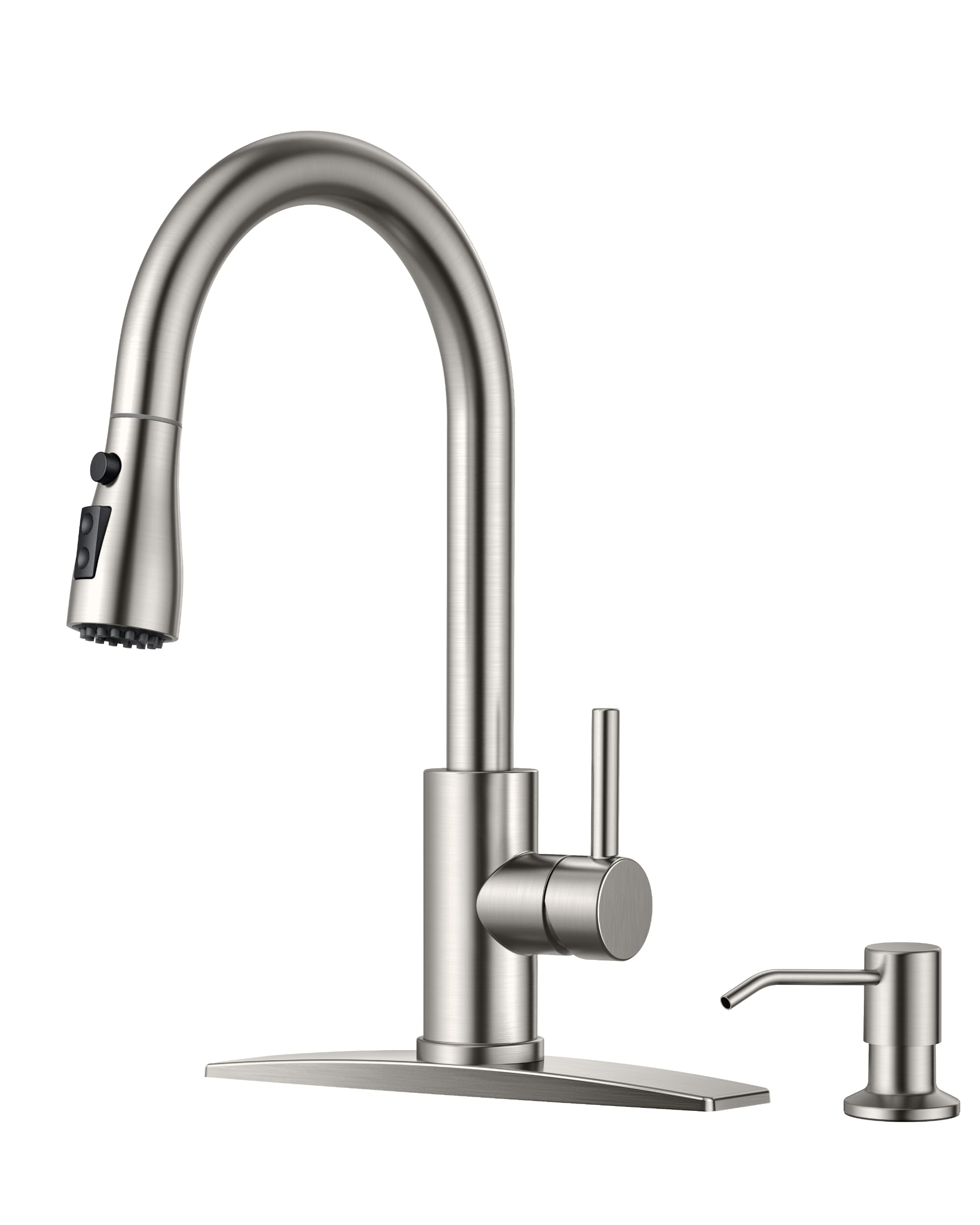 FORIOUS kitchen faucet with soap dispenser and pull-down spray in brushed nickel