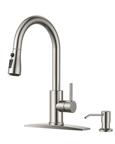 FORIOUS kitchen faucet with soap dispenser and pull-down spray in brushed nickel