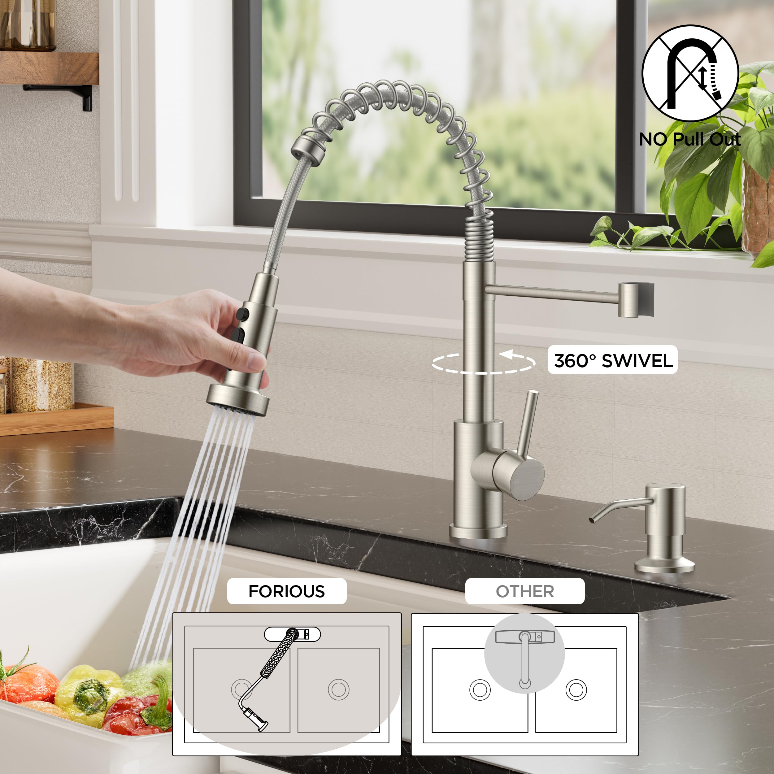 FORIOUS fixed-sprayer-360-swivel provides wide coverage across the sink