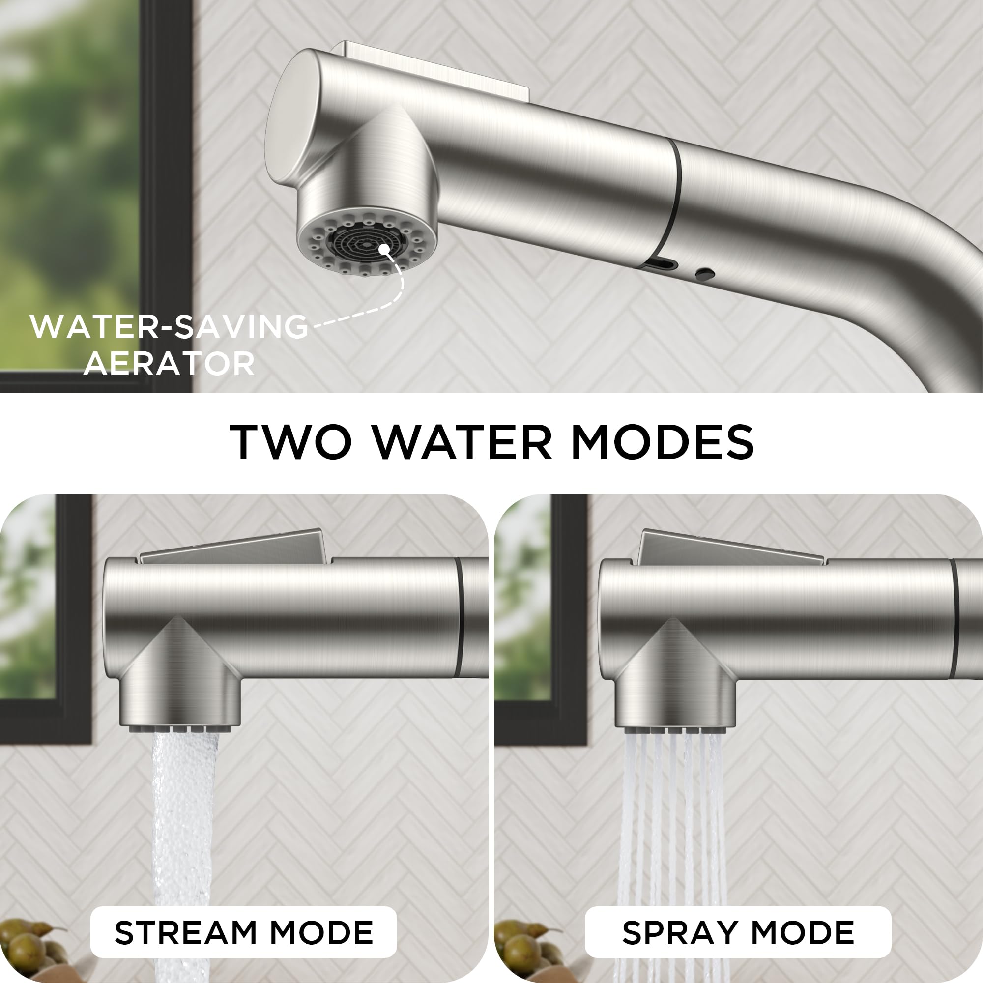 FORIOUS lead-free stainless steel faucet with nano finish resists fingerprints and water spots.