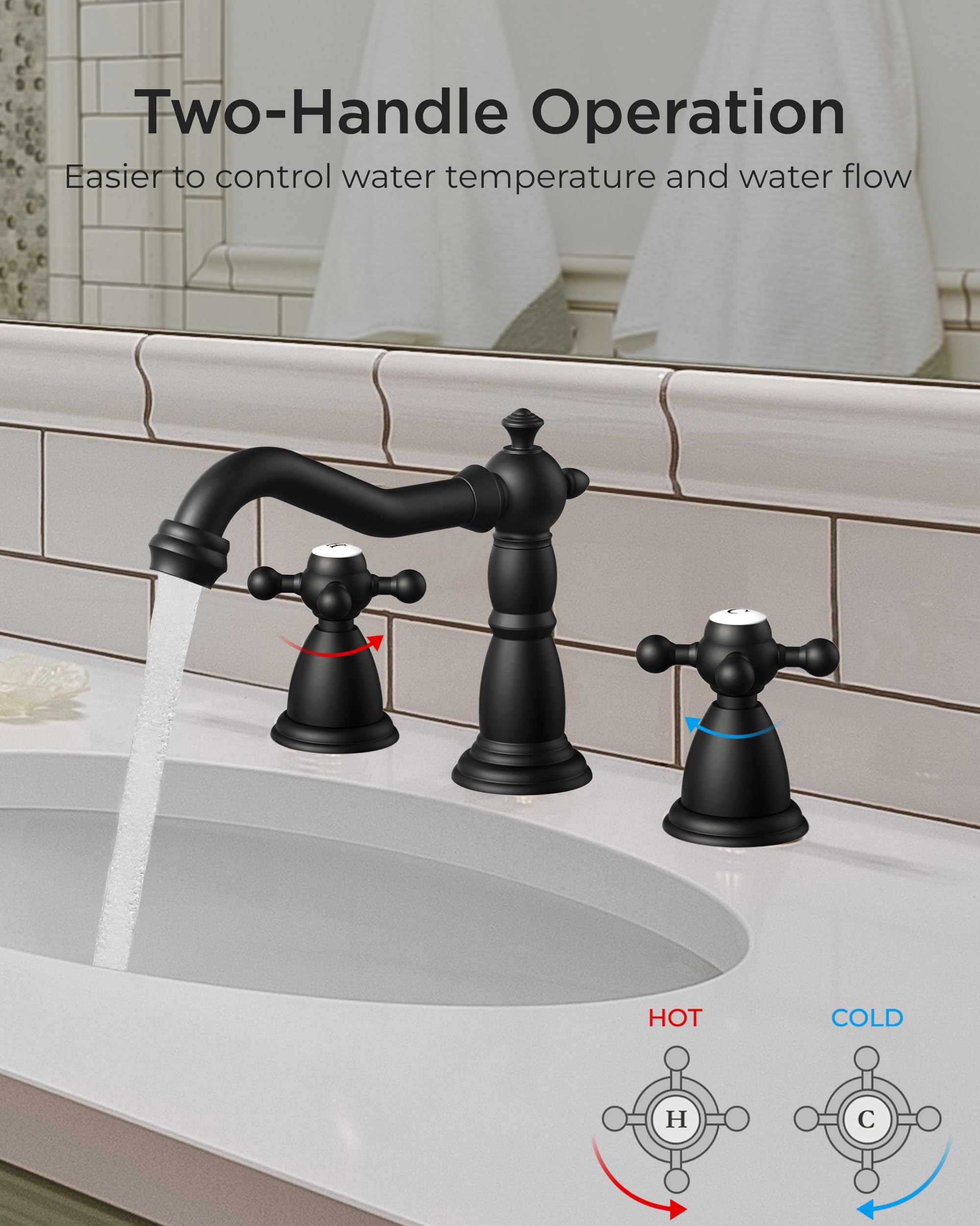 FORIOUS matte-black 3-hole faucet with cross handles, ideal for farmhouse vanities in compact bathrooms.