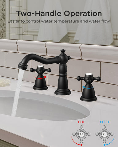 FORIOUS matte-black 3-hole faucet with cross handles, ideal for farmhouse vanities in compact bathrooms.