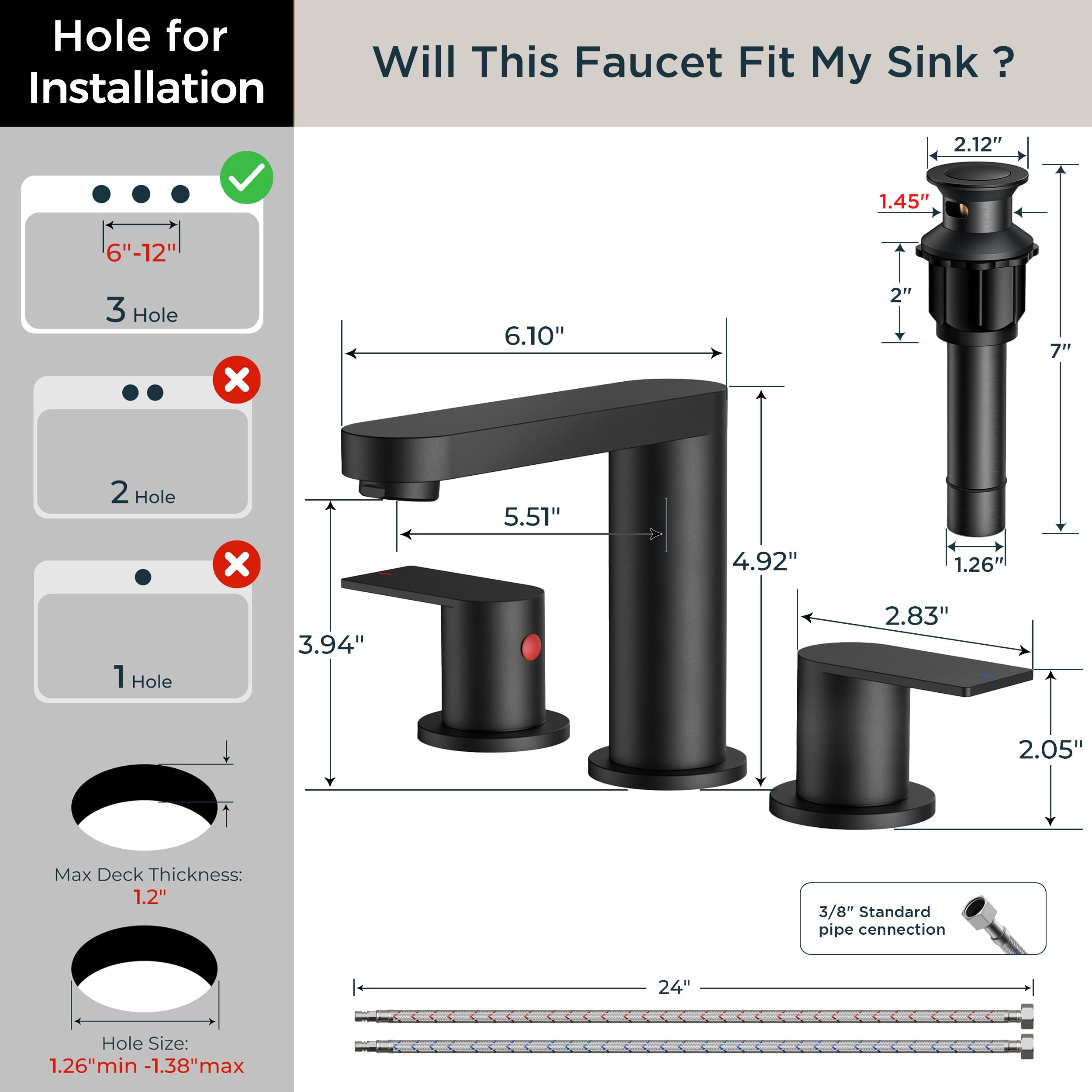 FORIOUS matte black faucet 3-hole installation kit simplifies DIY setup.
