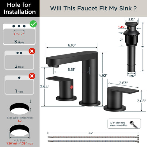 FORIOUS matte black faucet 3-hole installation kit simplifies DIY setup.
