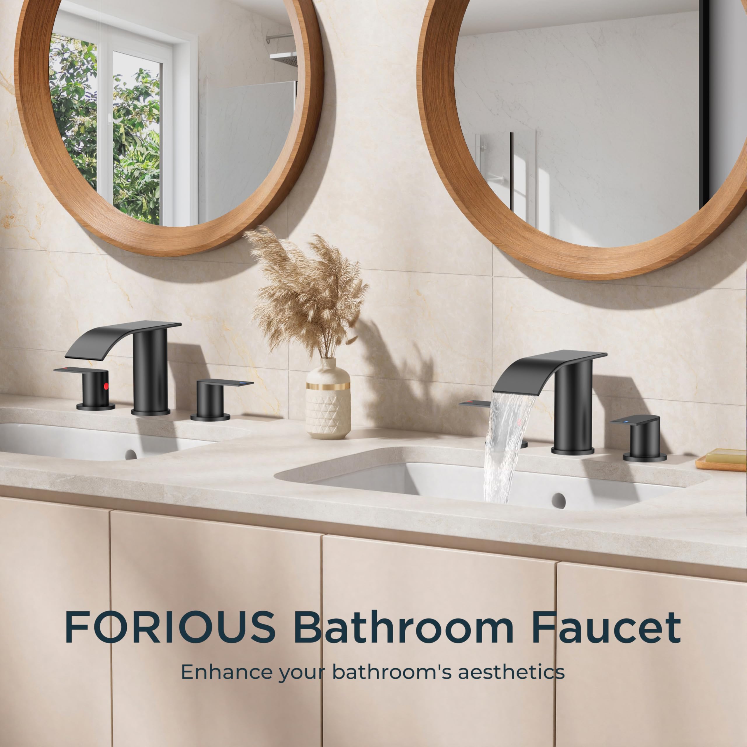 FORIOUS matte black faucet with pop-up drain for easy daily cleaning.