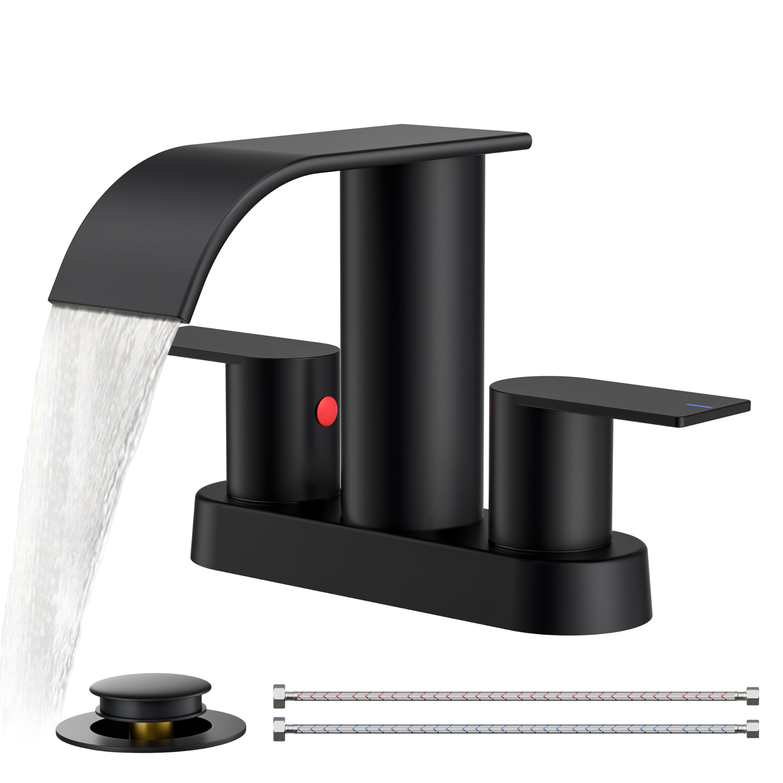 FORIOUS matte black faucet with waterfall spout for a 4-inch centerset sink